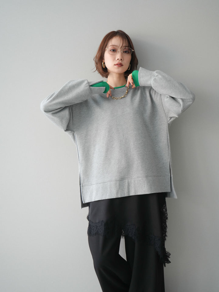 [SET]配色レイヤードデザインスエットプルオーバー+アシンメトリーサテンレースキャミソール(2set)