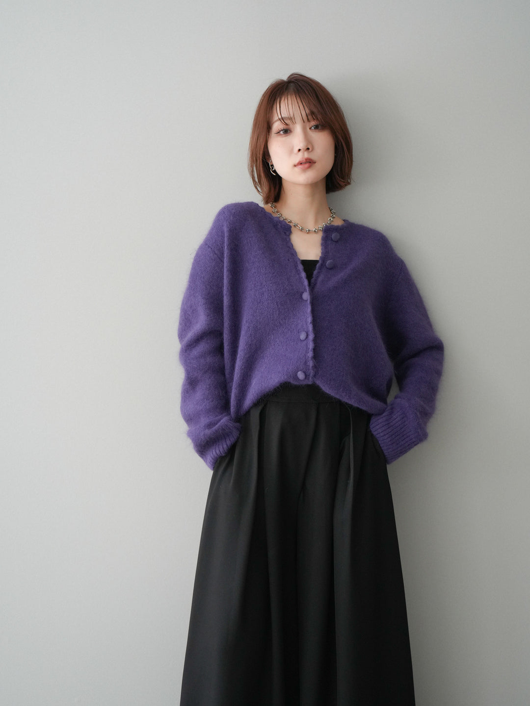 [SET]くるみボタンニットカーディガン+テープベルトタックバギーパンツ(2set)