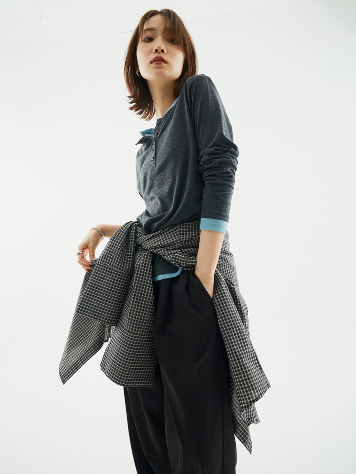 【Allure】[SET]配色レイヤードヘンリーネックトップス+配色レイヤードヘンリーネックトップス(2set)