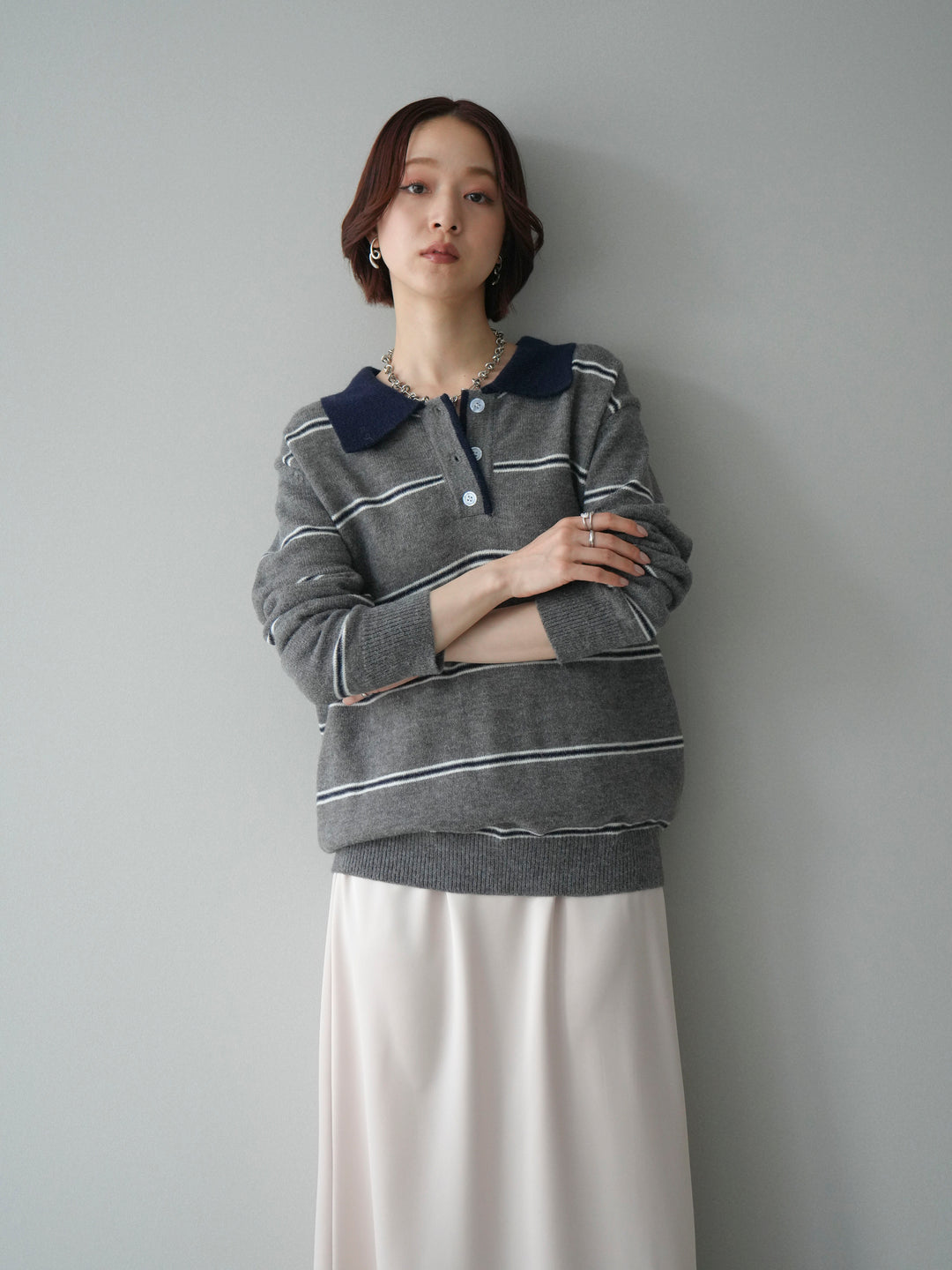 [予約]バイカラーボーダーポロニットプルオーバー/gray