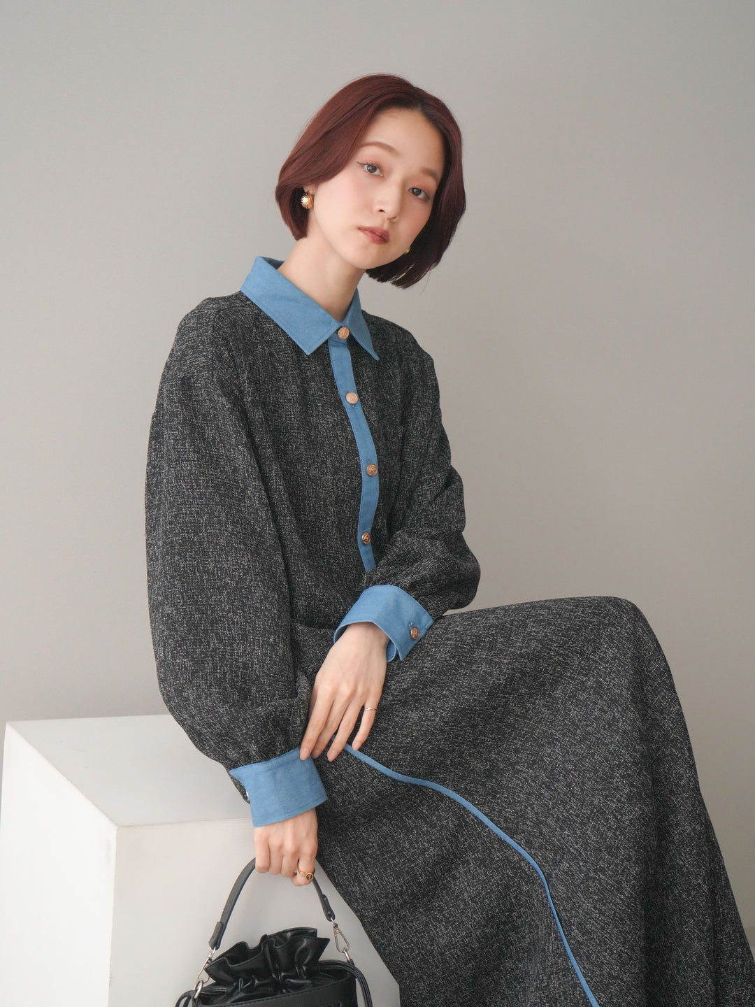 [SET]異素材サマーツイードシャツ+異素材サマーツイードタックフレアスカート(2set)