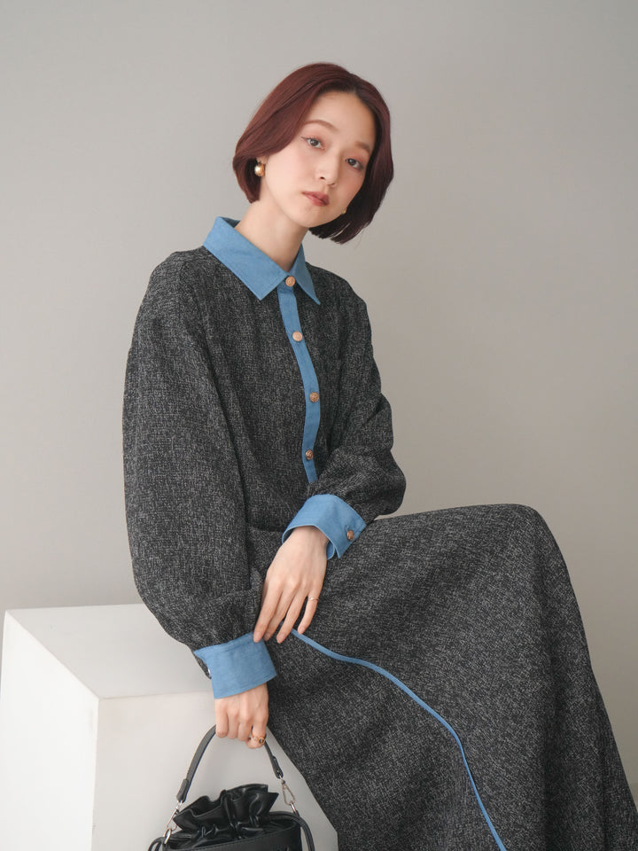 [SET]異素材サマーツイードシャツ+異素材サマーツイードタックフレアスカート(2set)