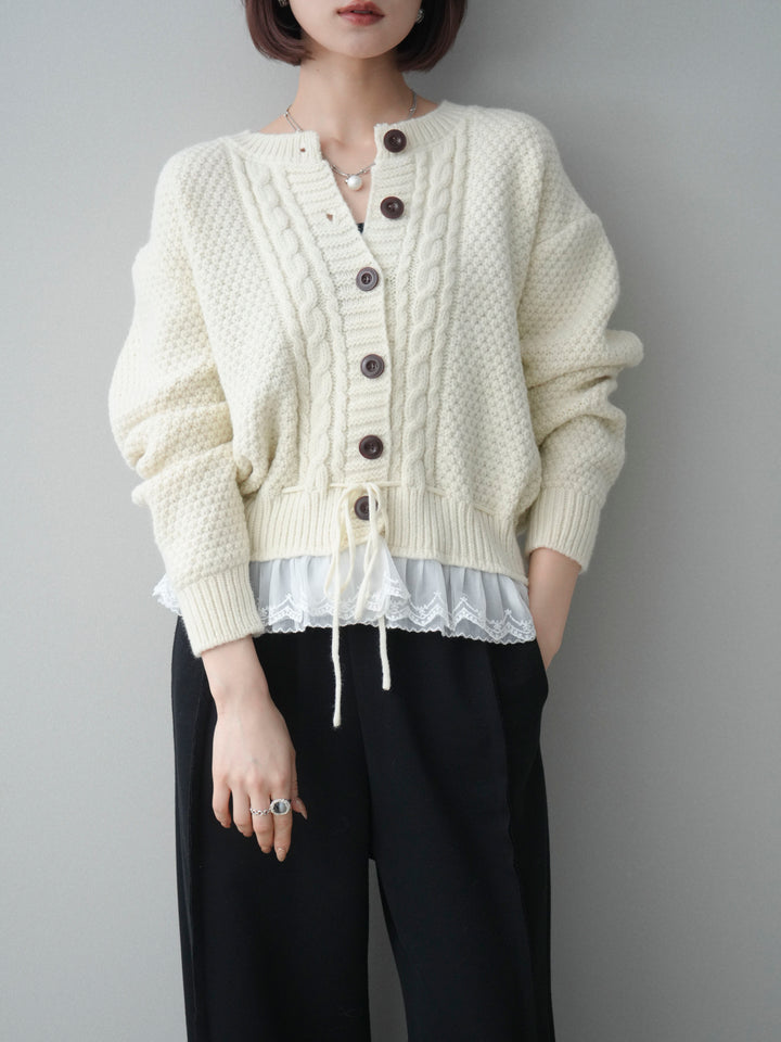 [SET]裾レースケーブルニットカーディガン+2WAYデザインスウェットパンツ(2set)