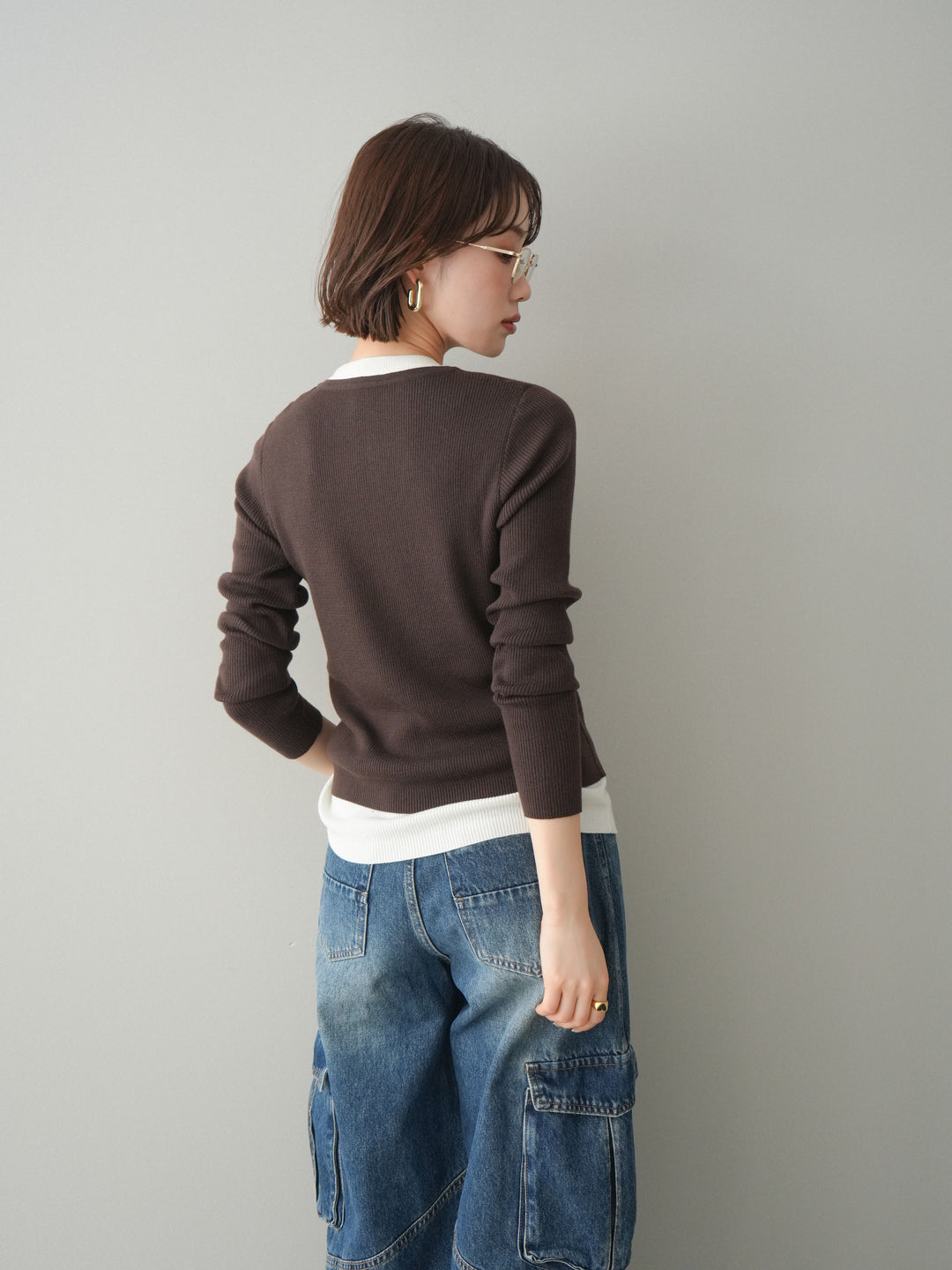 [予約]フロントジップ配色レイヤードニットトップス/choco