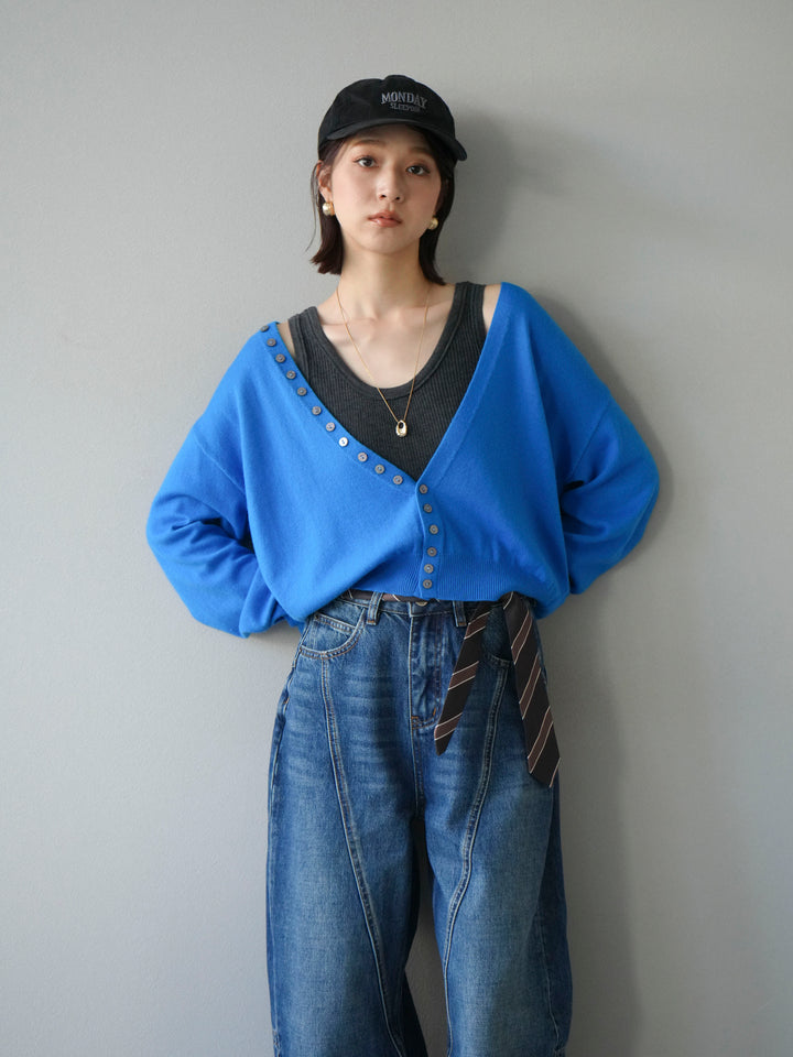 [予約]デザインボタンニットカーディガン＆タンクトップSET/ブルー
