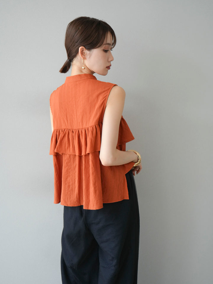 [SET]ドビーストライプアシンメトリーフリルノースリブラウス+コード刺繍チュールレイヤードパンツ(2set)