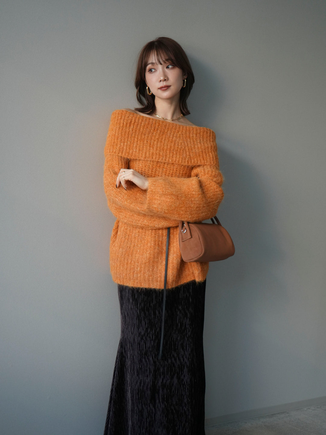 [予約]オフショルミックスニットプルオーバー/orange