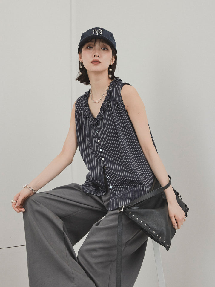 [SET] 條紋荷葉邊襯衫 + 亞麻觸感褶皺寬褲 (2 件套)