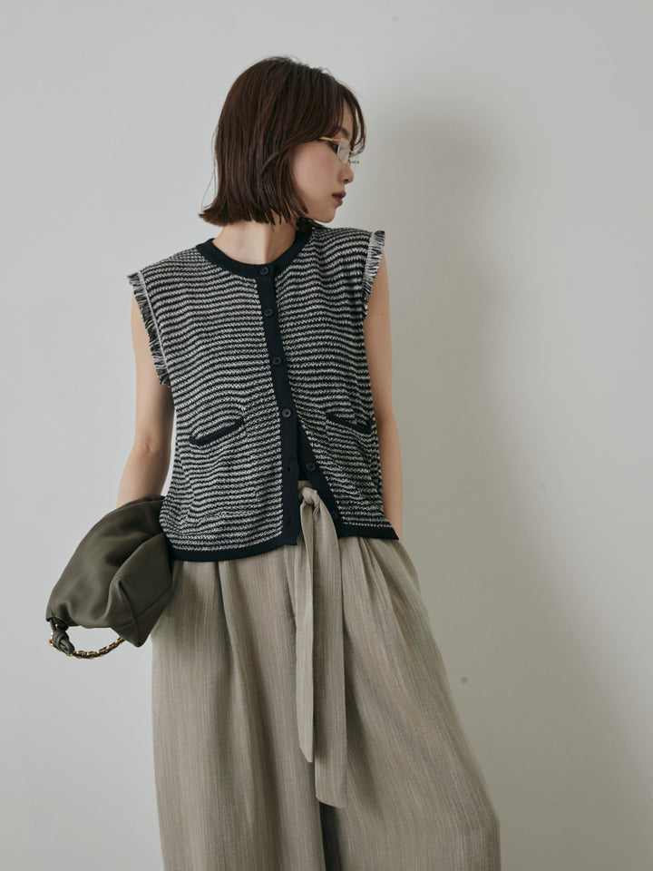 [予約]ボーダー袖フリンジニットベスト/ブラック