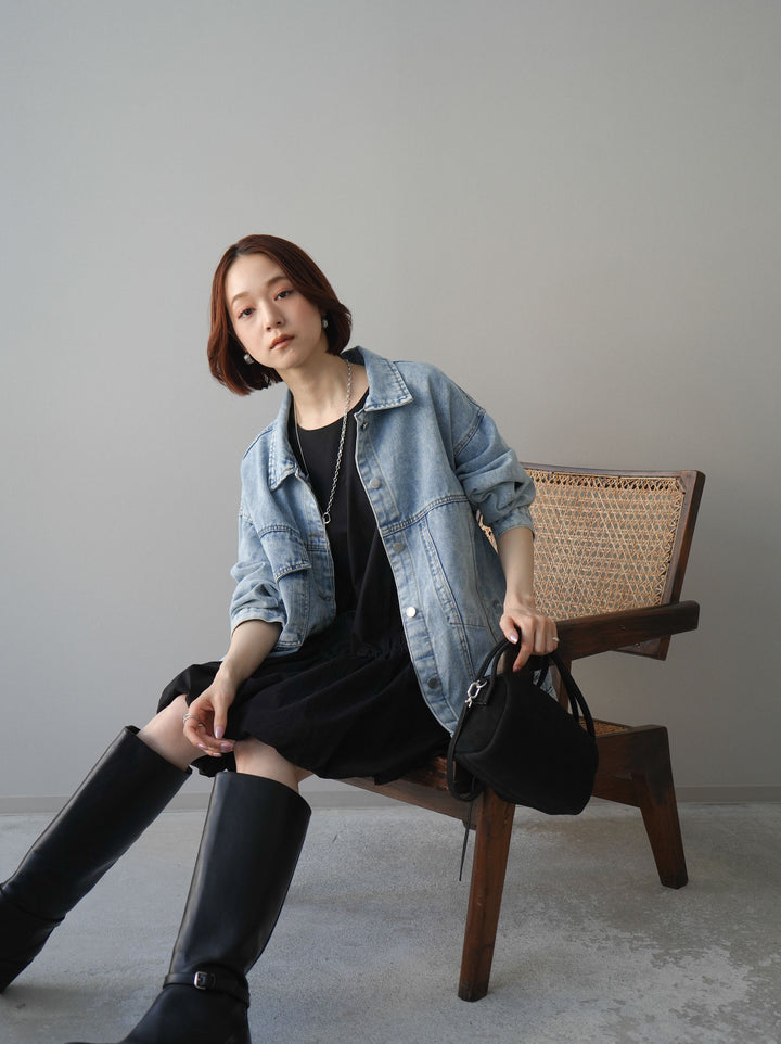 [SET]ノースリバルーンミニワンピース+デザインBIGポケットオーバーデニムジャケット(2set)