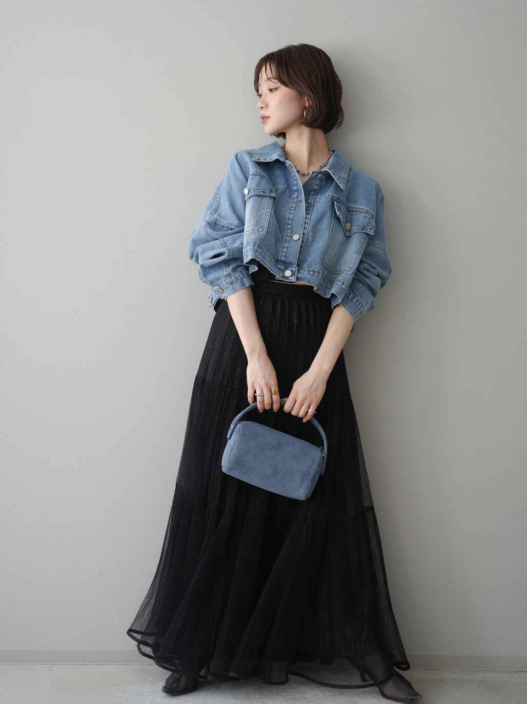 [SET]デニムショートシャツジャケット+ラメプリーツレイヤードチュールロングスカート(2set)