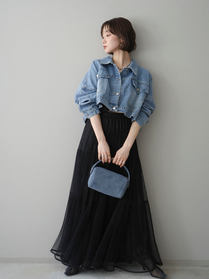[SET]デニムショートシャツジャケット+ラメプリーツレイヤードチュールロングスカート(2set)
