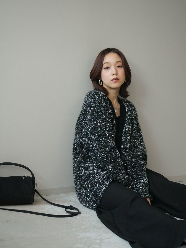 [SET]モールネップニットカーディガン+テープベルトタックバギーパンツ(2set)