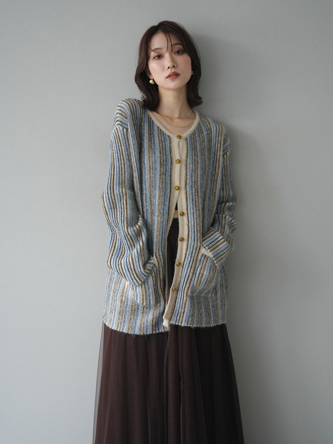[予約]アンティークボタンストライプニットカーディガン/ivory