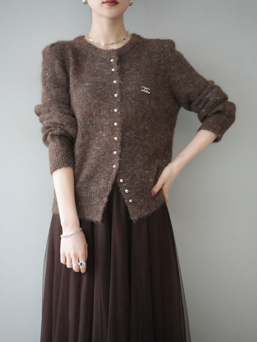 [予約]ブローチ付silverボタンミックスニットカーディガン/brown