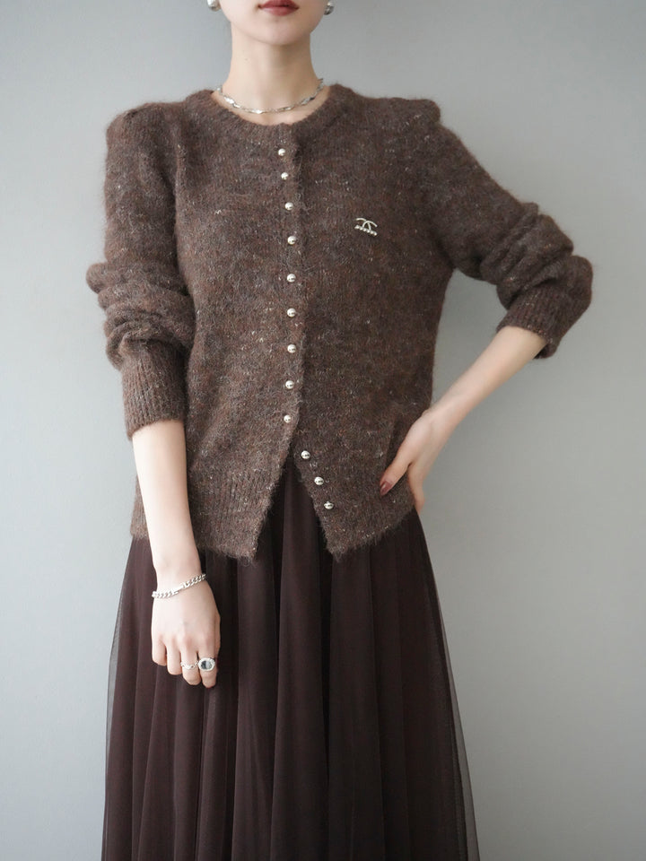 [予約]ブローチ付silverボタンミックスニットカーディガン/brown