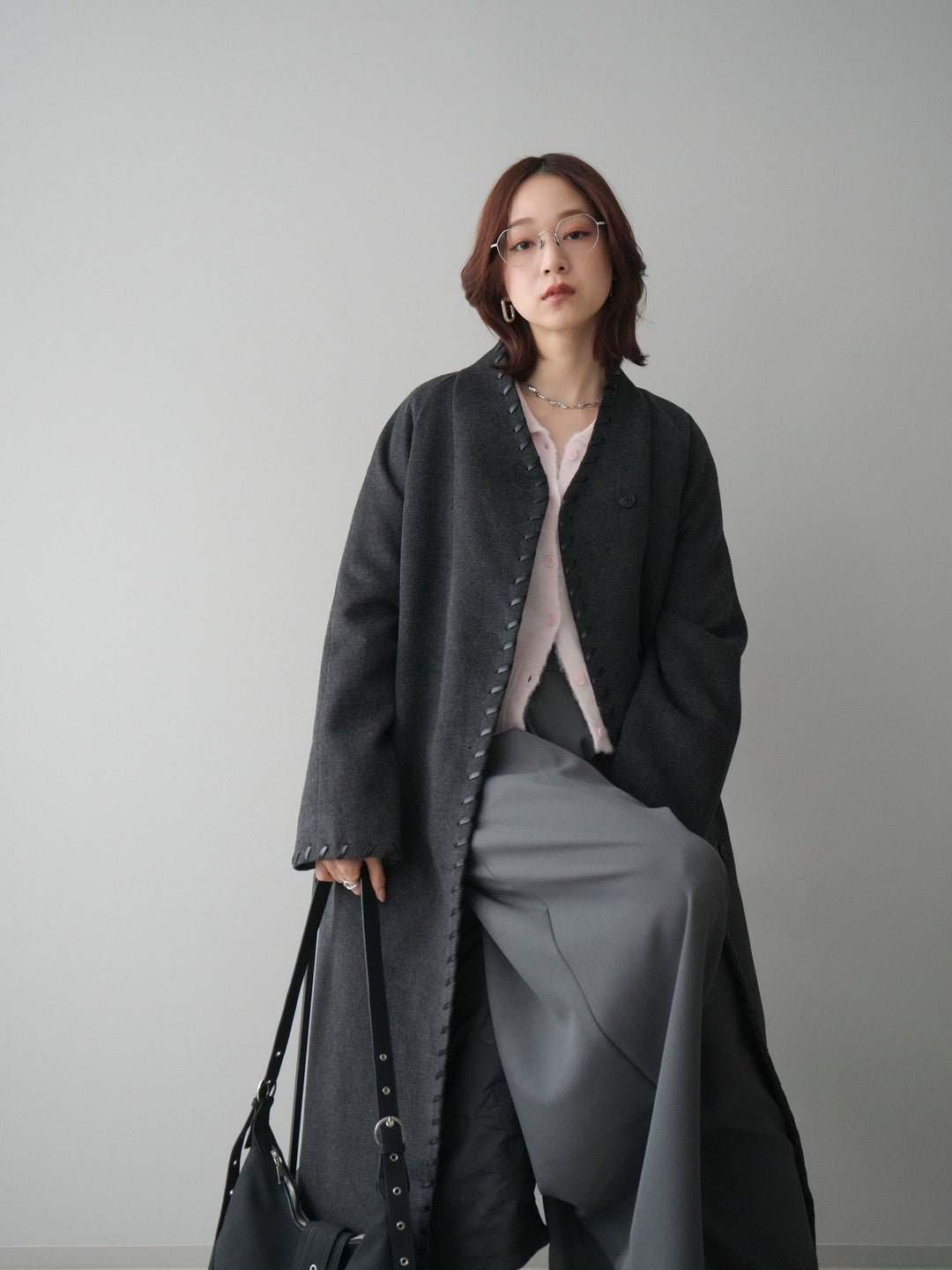 [SET]ハンドステッチ裏中綿ロングコート+テープベルトタックバギーパンツ(2set)