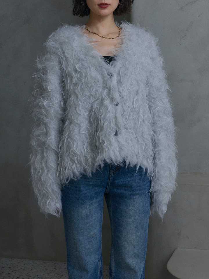 [預購] 毛圈毛邊針織開襟衫 / 灰色