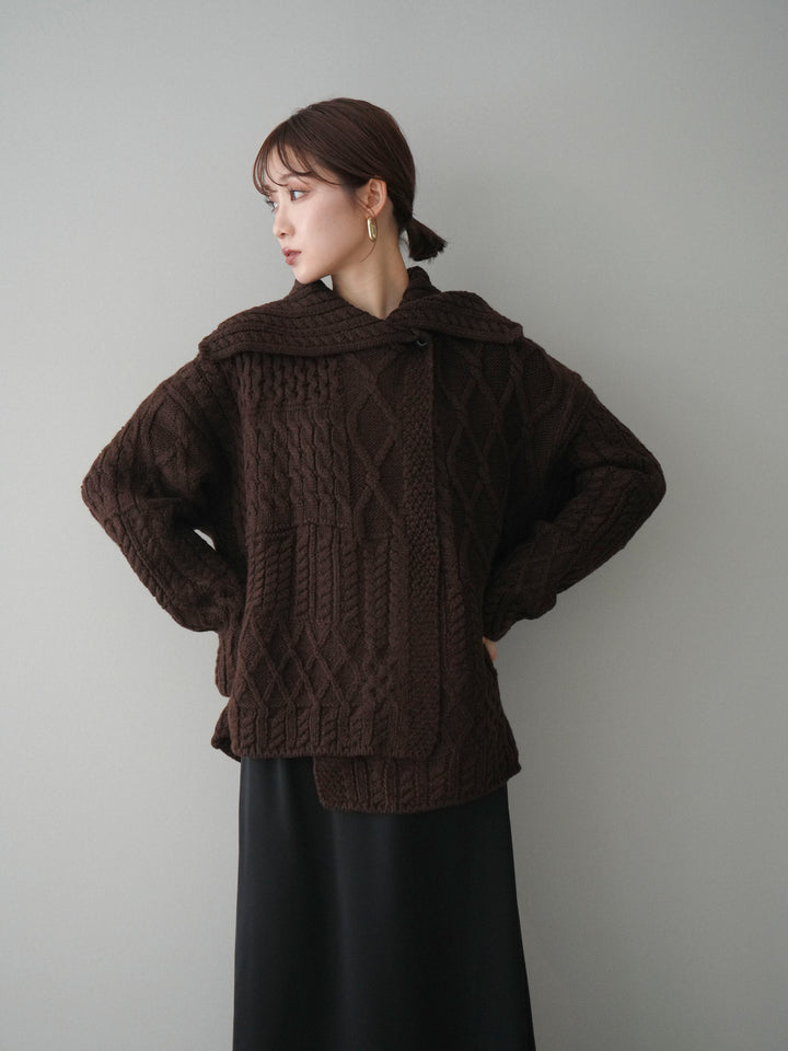 [予約]ケーブル編みデザインニットカーディガン/brown