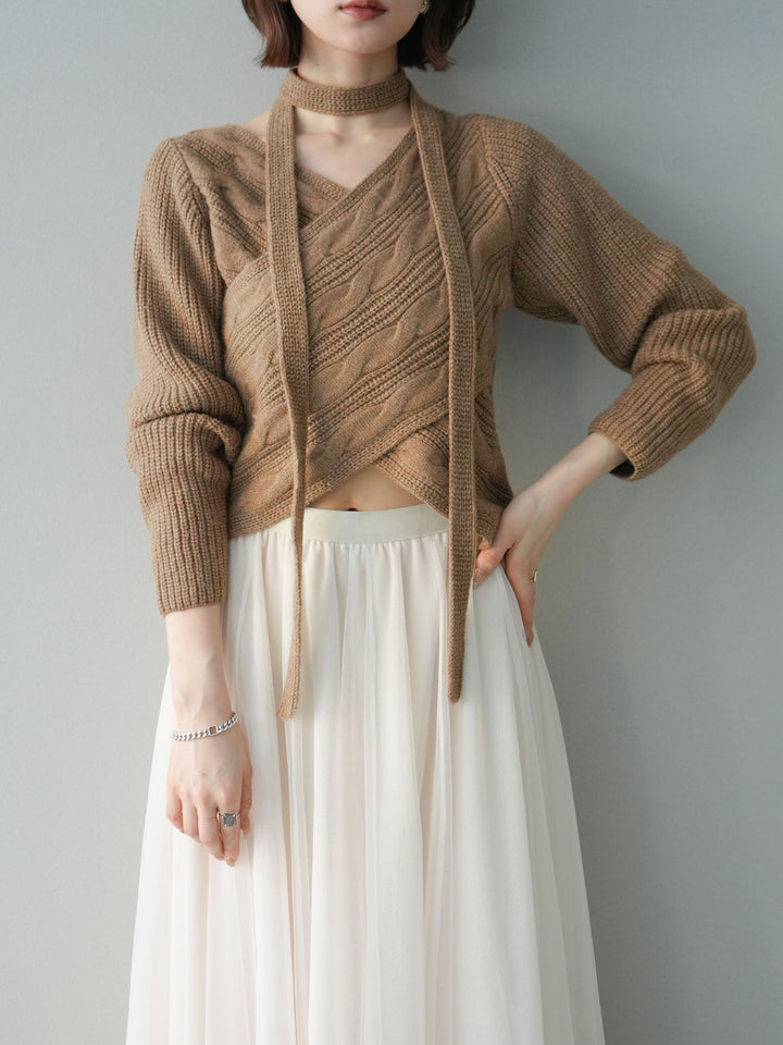 [予約]ケーブル編みクロスニットトップス/camel