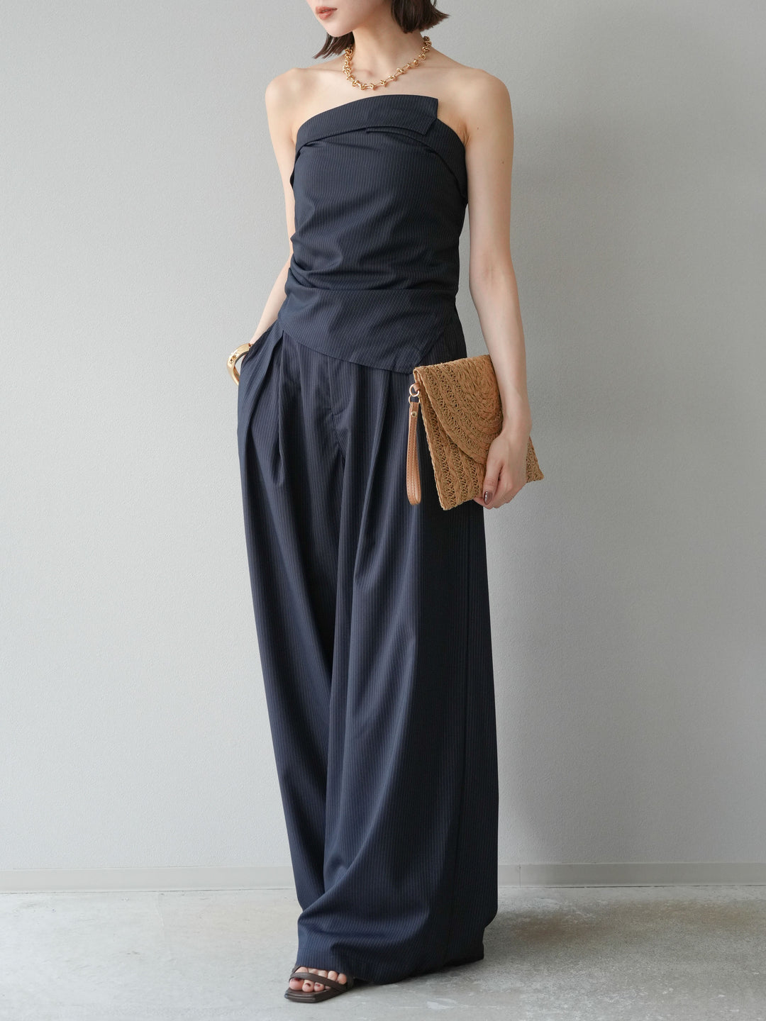 [SET] 條紋褶襉露肩上衣＆寬褲 SET UP (2set)