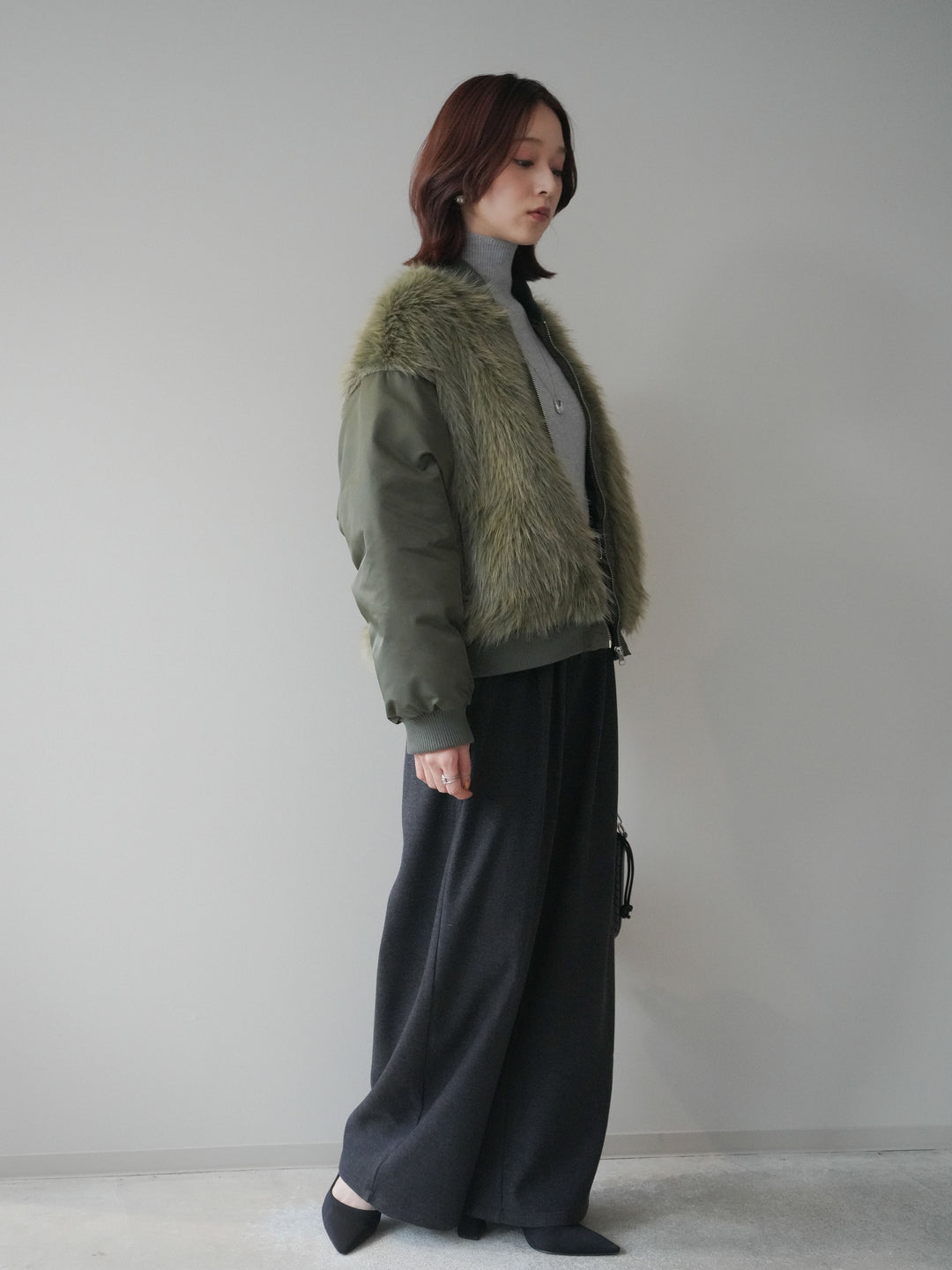 [SET]ファードッキングMA-1+アニマル柄ベルト付きウールタッチワイドパンツ(2set)