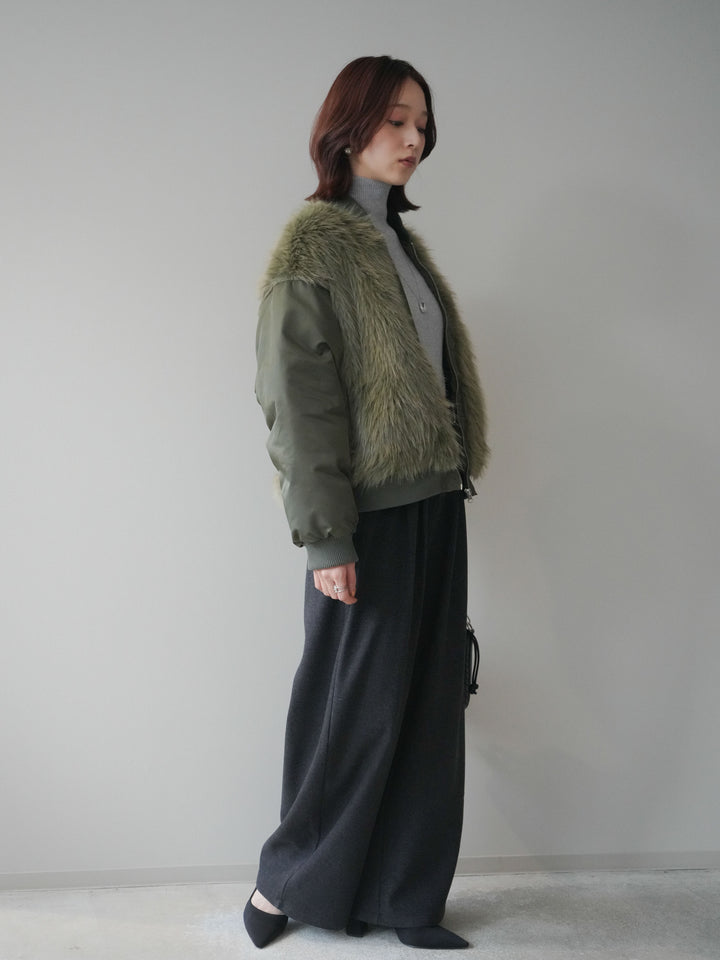 [SET]ファードッキングMA-1+アニマル柄ベルト付きウールタッチワイドパンツ(2set)