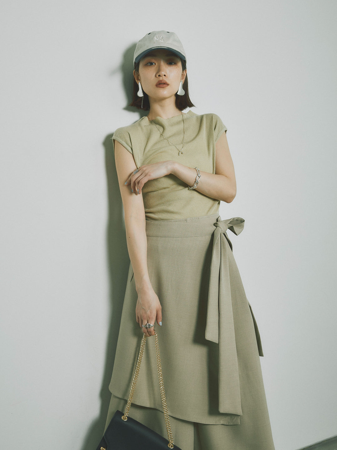 [予約]プチネックノースリーブリブニットトップス/ピスタチオ