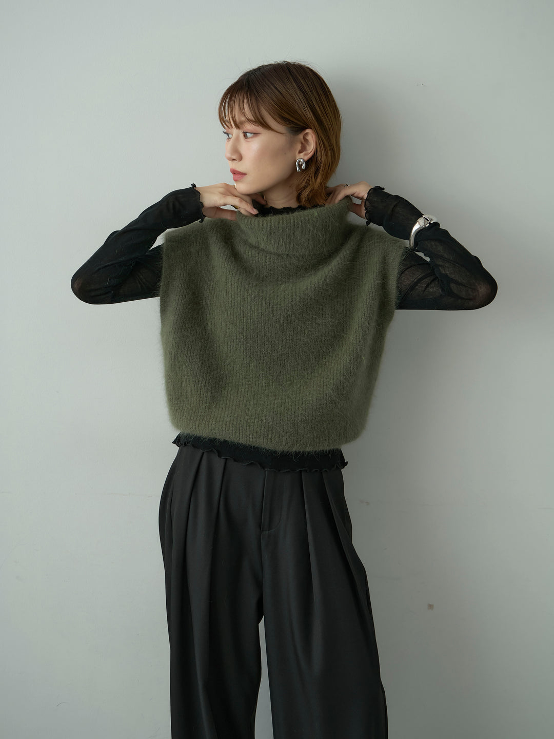 [予約]シャギータートルニットベスト/green