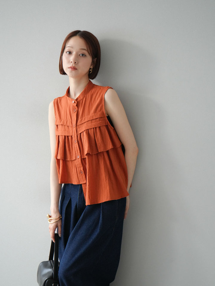 [予約]ドビーストライプアシンメトリーフリルノースリブラウス/テラコッタ