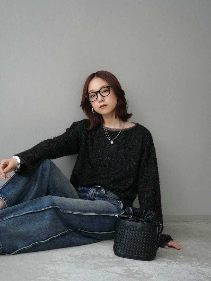 [SET]ラメシャギートップス+サイド切替カーブデニムパンツ(2set)