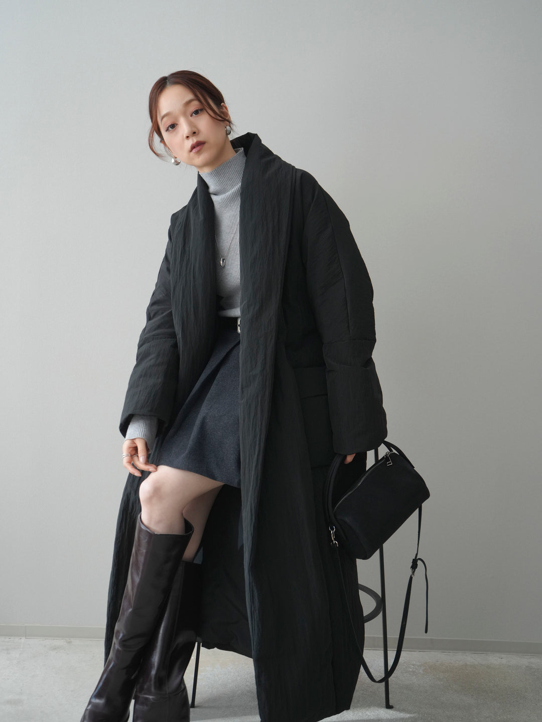 [SET]ロングダウンコート+袖ボタンボトルネックリブニットトップス(2set)