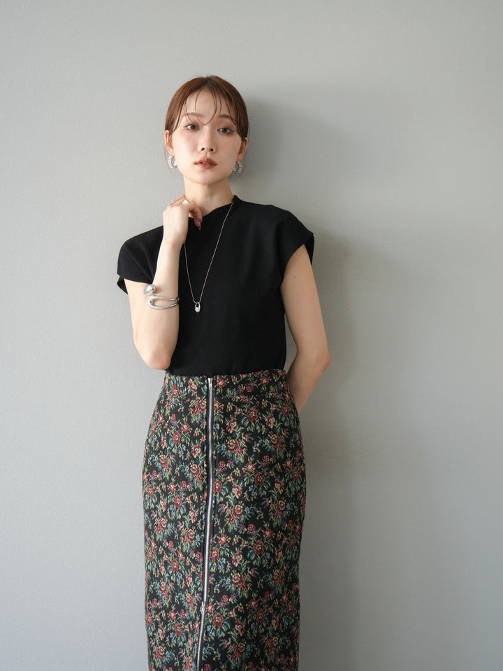 [SET]プチネックフレンチニットトップス+ゴブランフロントジップタイトスカート(2set)