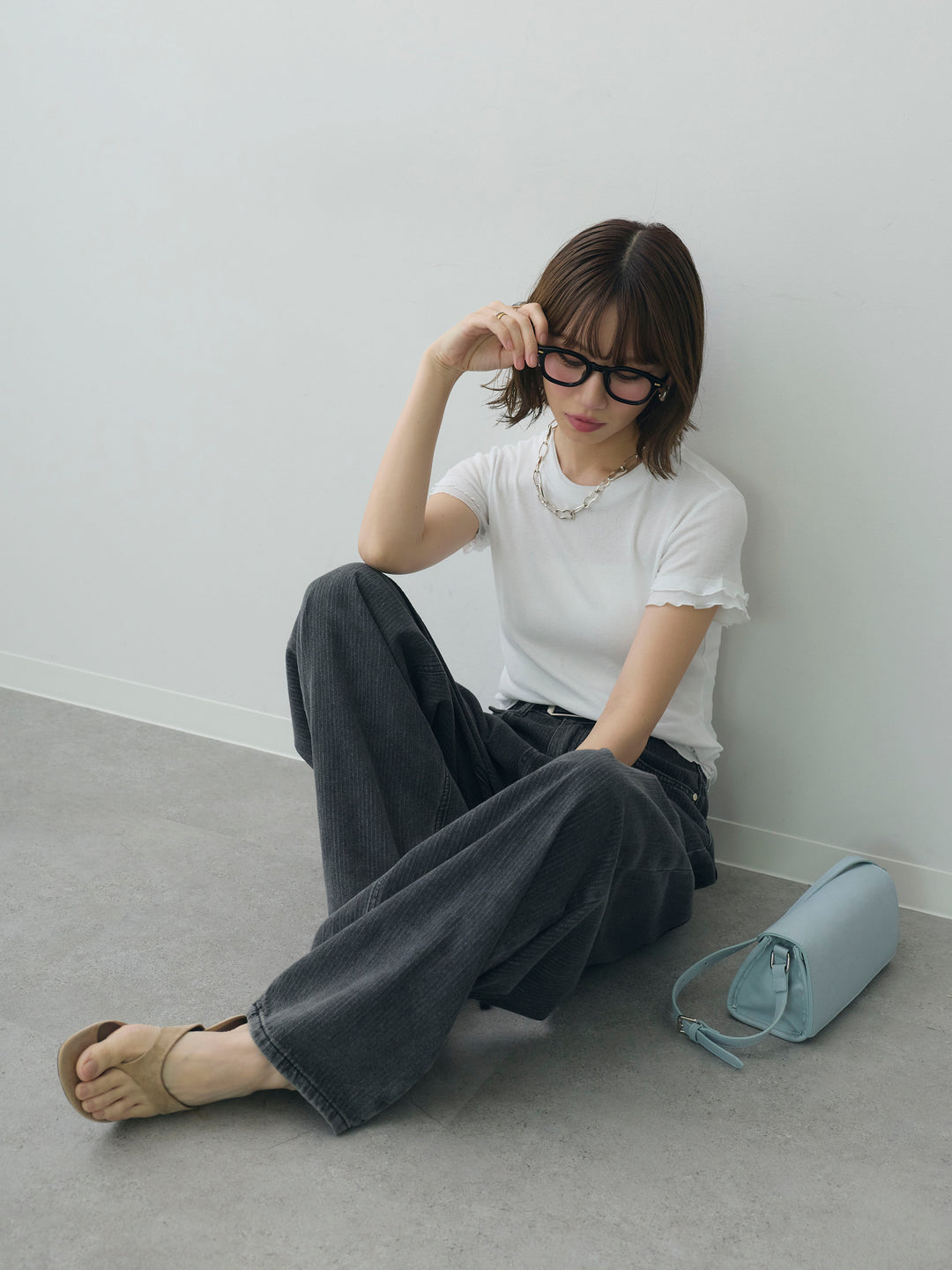 [SET]メロートリムレイヤードTEE+ニュアンスウォッシュカーブデニム(2set)