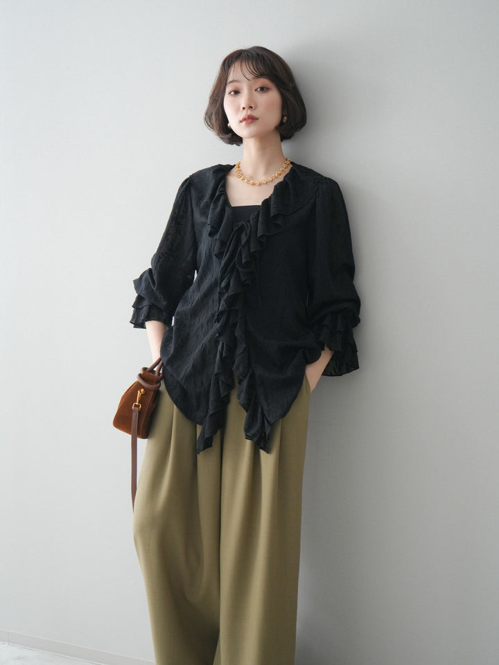 [予約]ラッフルレーススリットブラウス/black