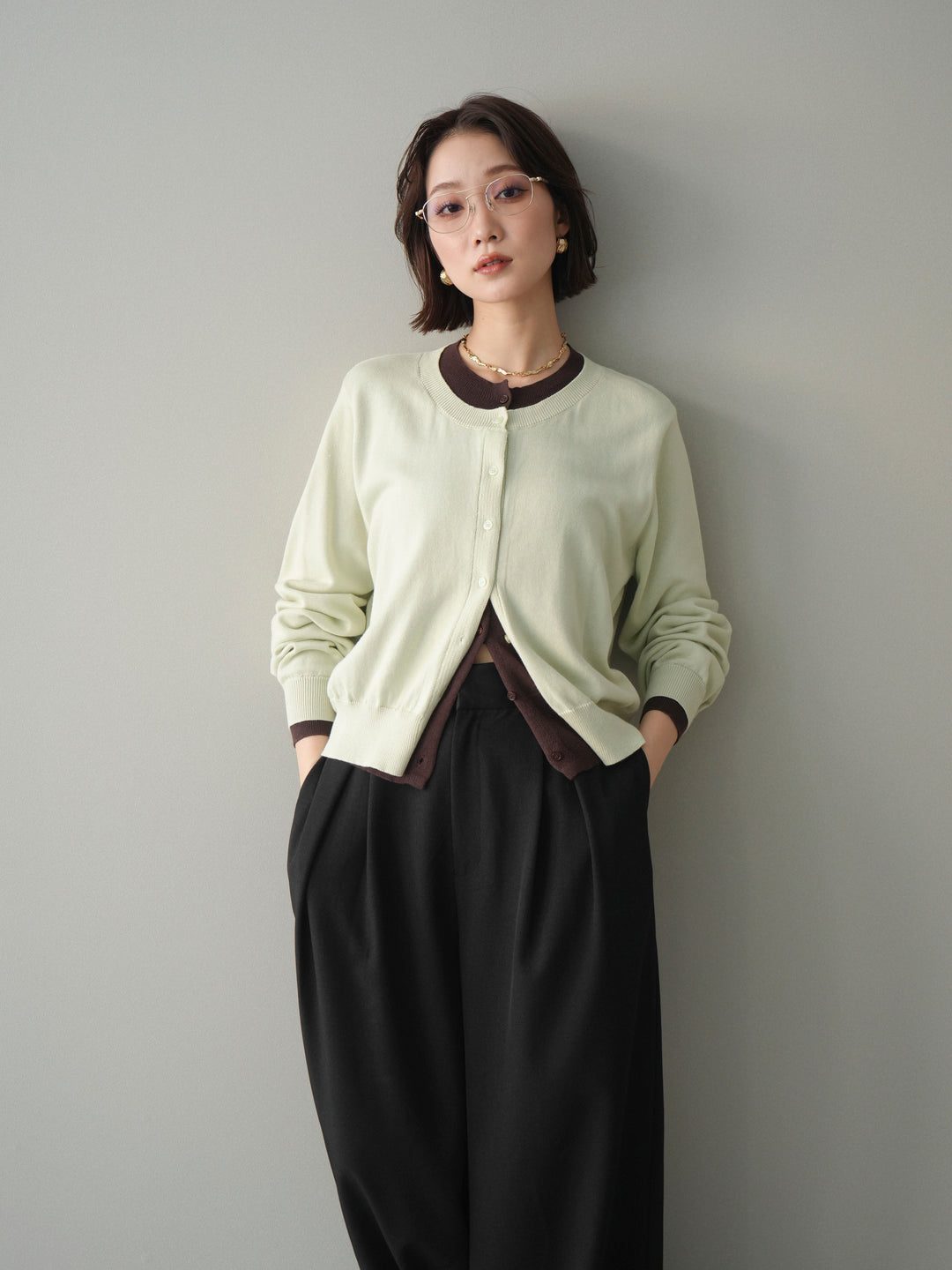 [予約]配色レイヤードコットンアクリルニットカーディガン/mint
