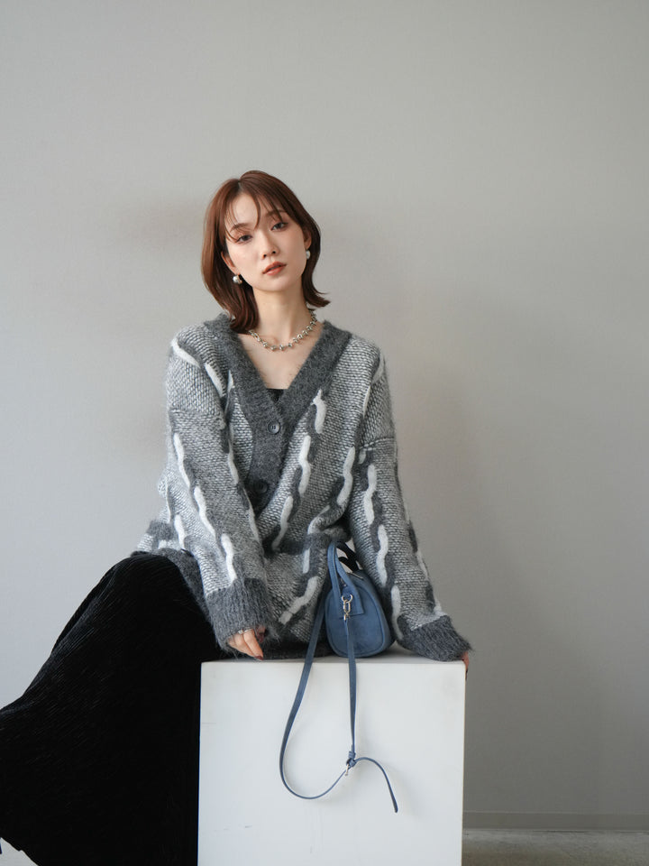 [予約]バイカラー編み込みデザインニットカーディガン/グレー