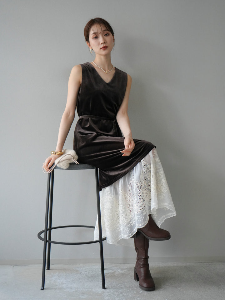 [予約]裾コットンレースベロアワンピース/ブラウン