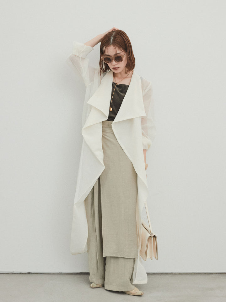 [SET] 方形天鵝絨背心 + 水洗緞層疊裙褲 + 透視長外套 (3 件套)