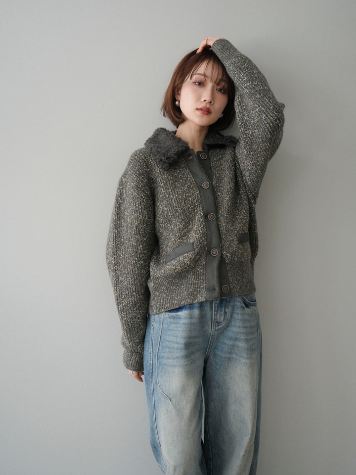 [SET]襟ボアミックスヤーンニットカーディガン+選べるアクセセット(2set)