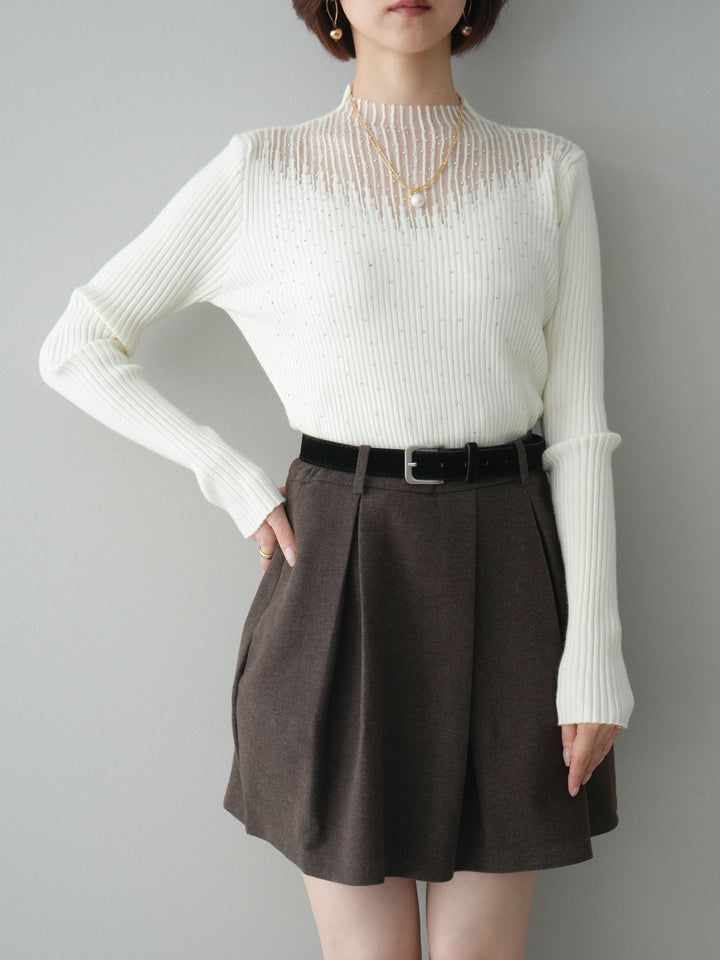 [SET]シアー切替スパンコールリブニットトップス+ベルト付きタックミニスカート(2set)