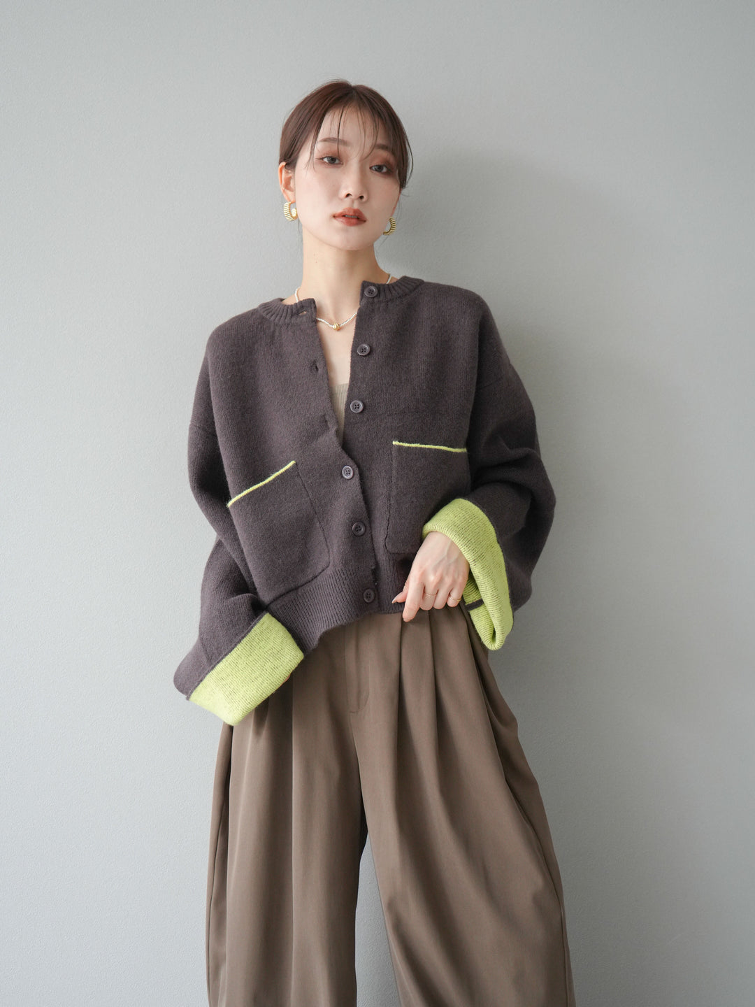 【SET】雙色針織開襟衫+褶襉設計寬褲（2套）