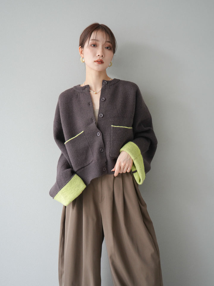 【SET】雙色針織開襟衫+褶襉設計寬褲（2套）