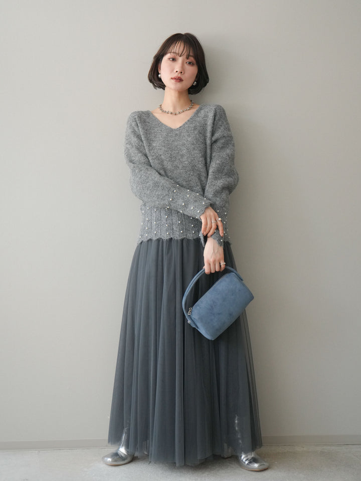 [SET]パールフリルリブヘムニットプルオーバー+チュールボリュームスカート(2set)