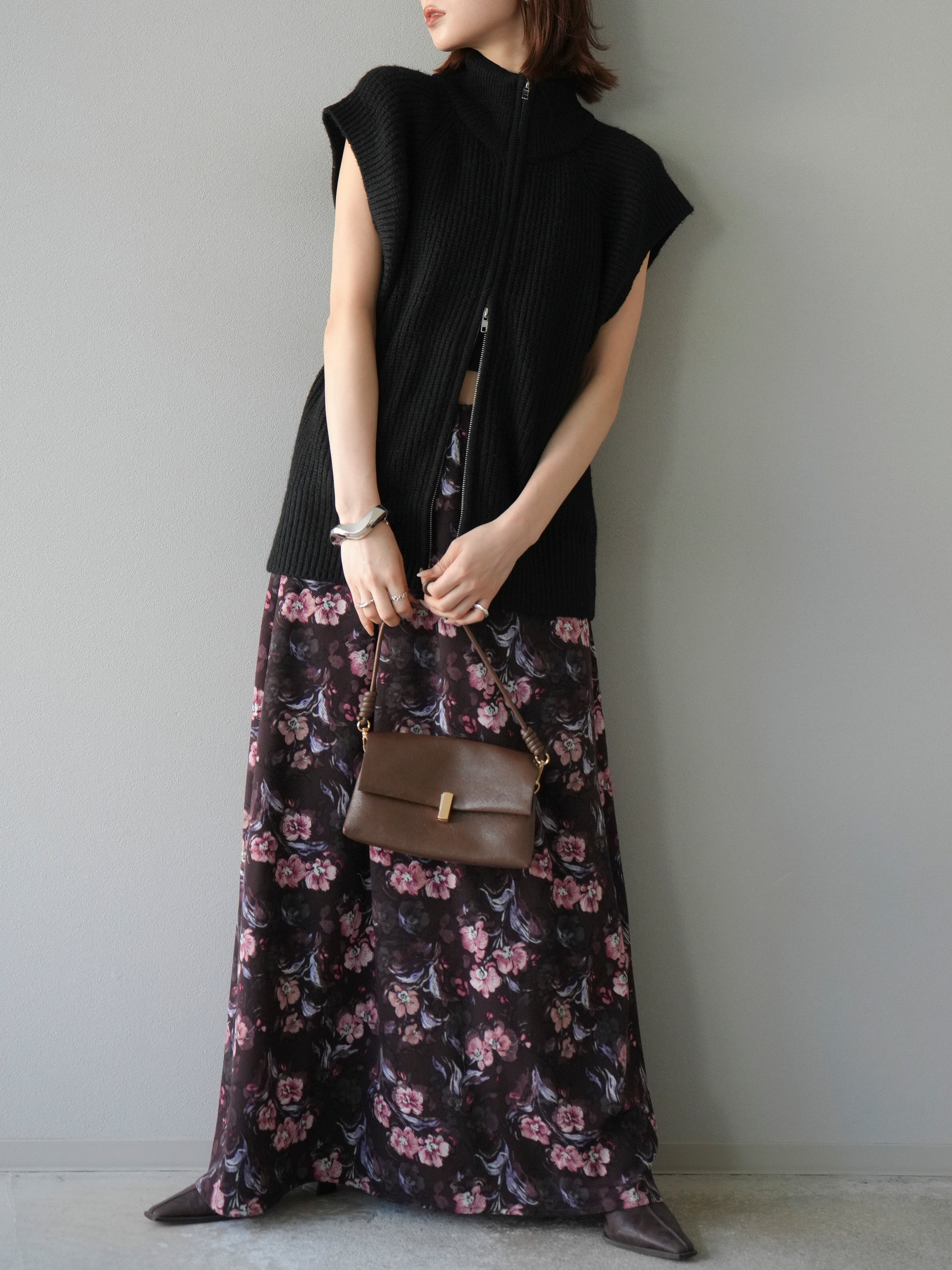 予約]ダブルZIPハイネック畦編みニットベスト/ブラック – Lumier