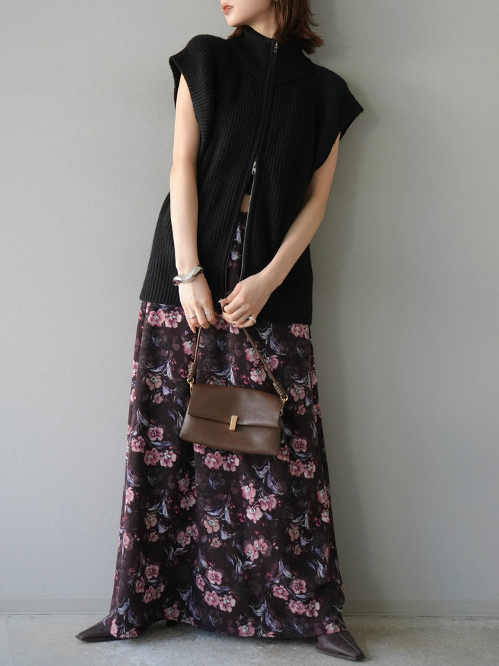 [予約]ダブルZIPハイネック畦編みニットベスト/ブラック