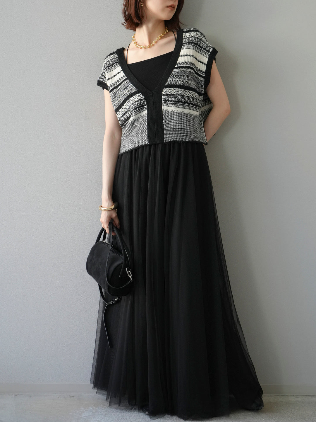 [予約]ガーター編み2WAYニットベスト/ホワイト×ブラック