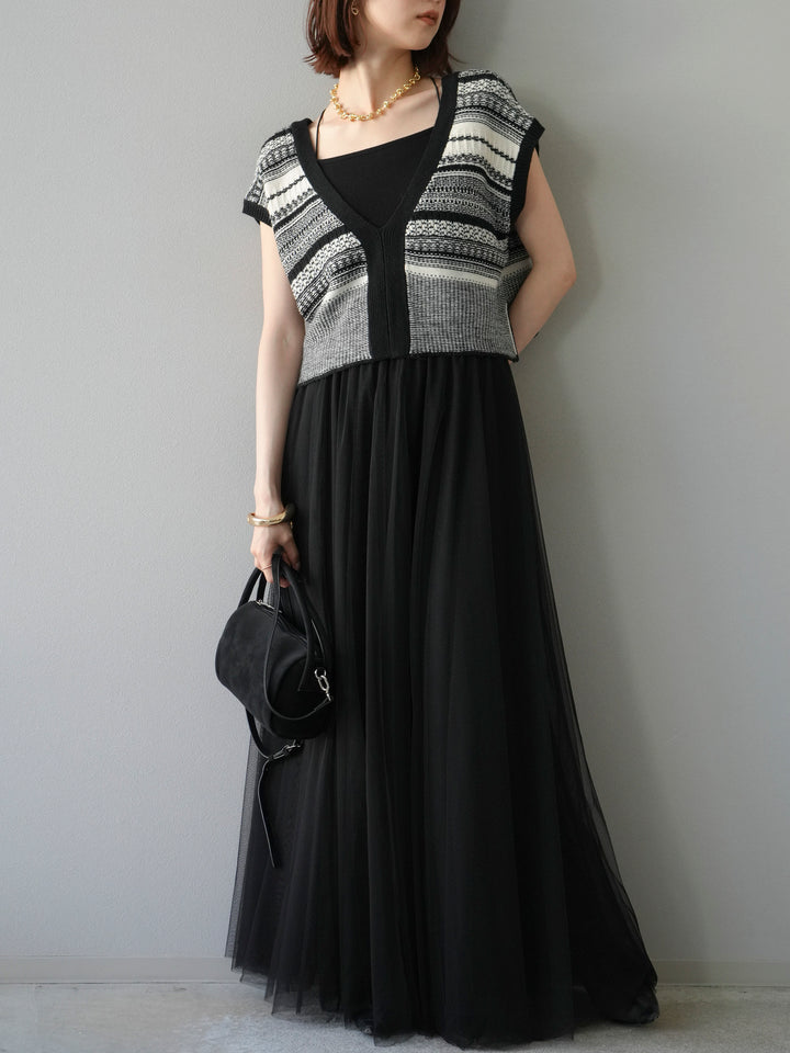 [予約]ガーター編み2WAYニットベスト/ホワイト×ブラック