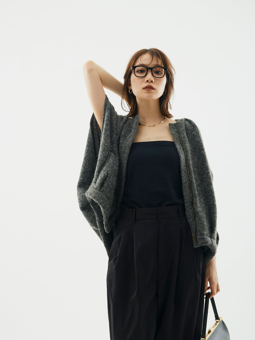 【Allure】[SET]ウール混コクーンブルゾン+タフタワイドカーブパンツ(2set)