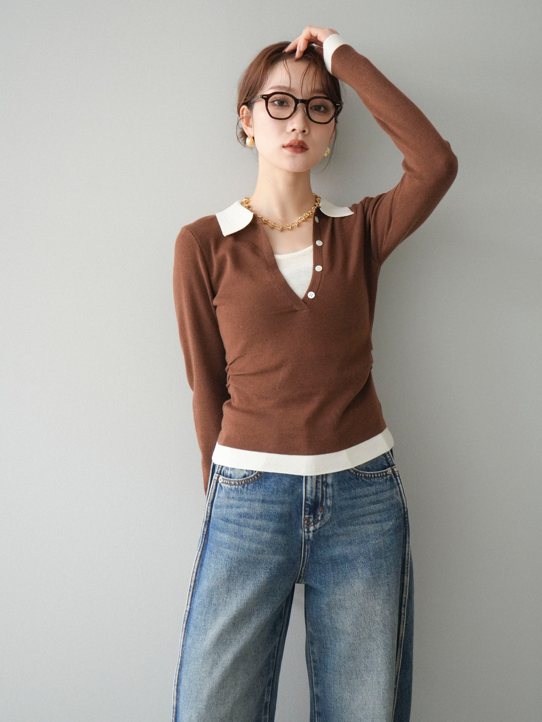 [予約]レイヤード配色ポロニットトップス/brown